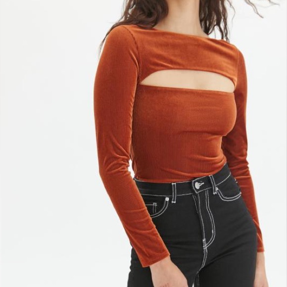 Urban Outfitters Tops - Urban Outfitters Orange Rust Velvet Ribbed Long Sleeve Keyhole Cutout Bodysuit